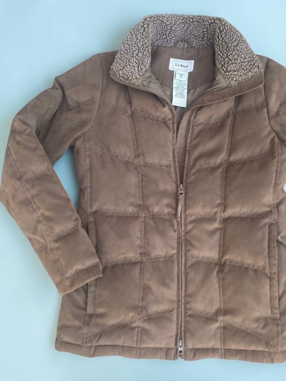 LL Bean Brown Goose Down Quilted Sherpa Collar Puffer Jacket XS